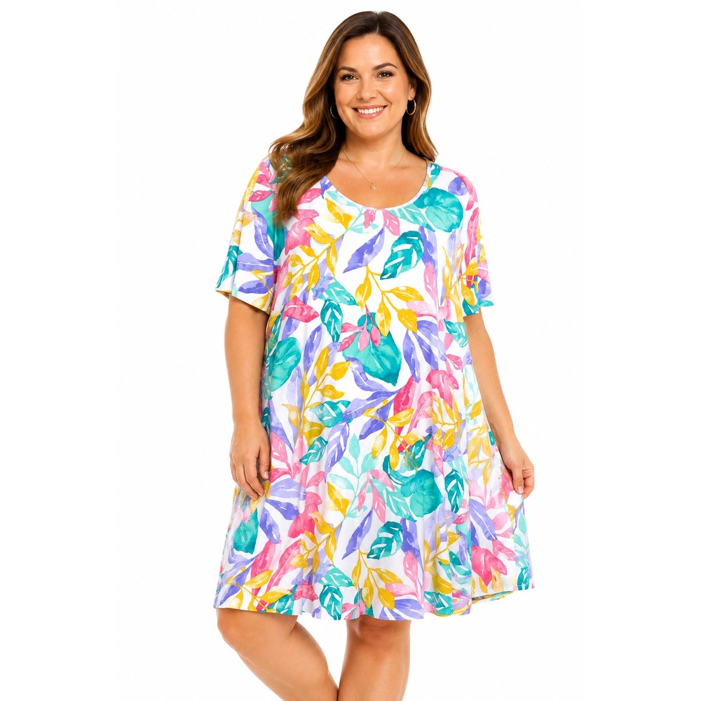 Susan Graver Women's Liquid Knit Fit & Flare Dress Colorful Tropical Size, 3X
